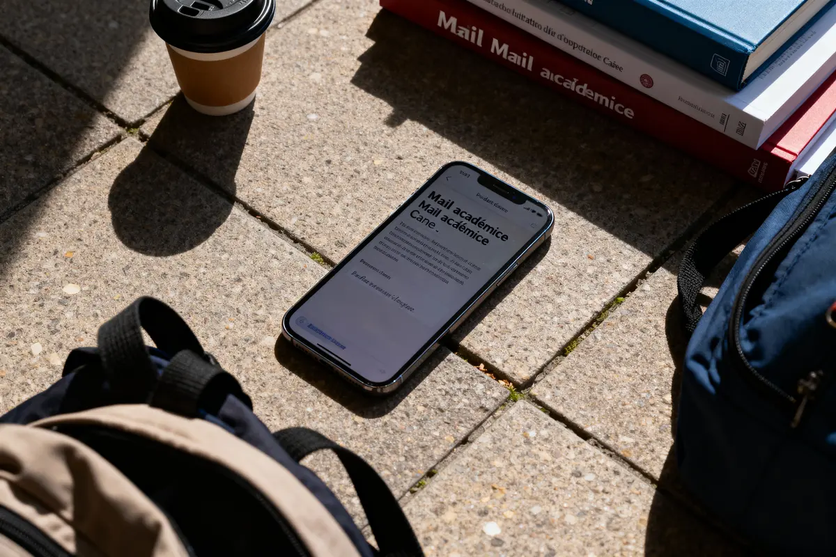 Téléphone affichant un mail académique, gobelet de café, livres, sacs à dos, sur une surface pavée.
