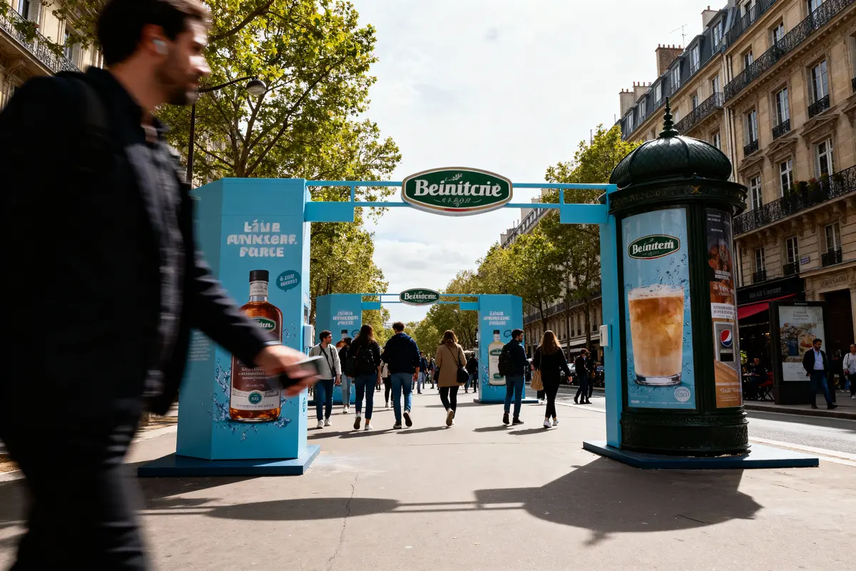 Passants dans la rue avec des affiches publicitaires pour Beîntern, arbres et immeubles en arrière-plan.