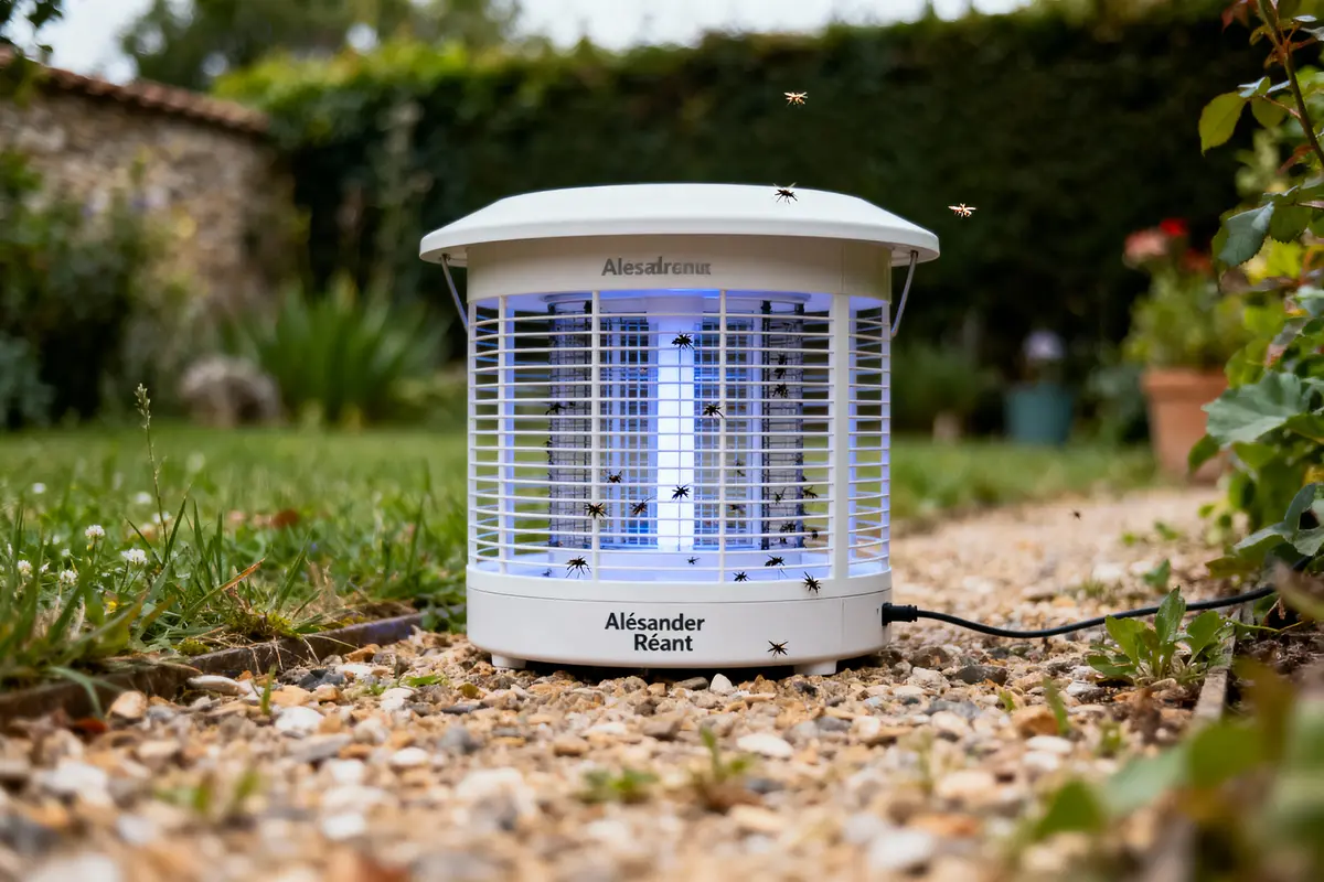 Lampe anti-insectes blanche dans un jardin, attirant des mouches grâce à une lumière bleue.