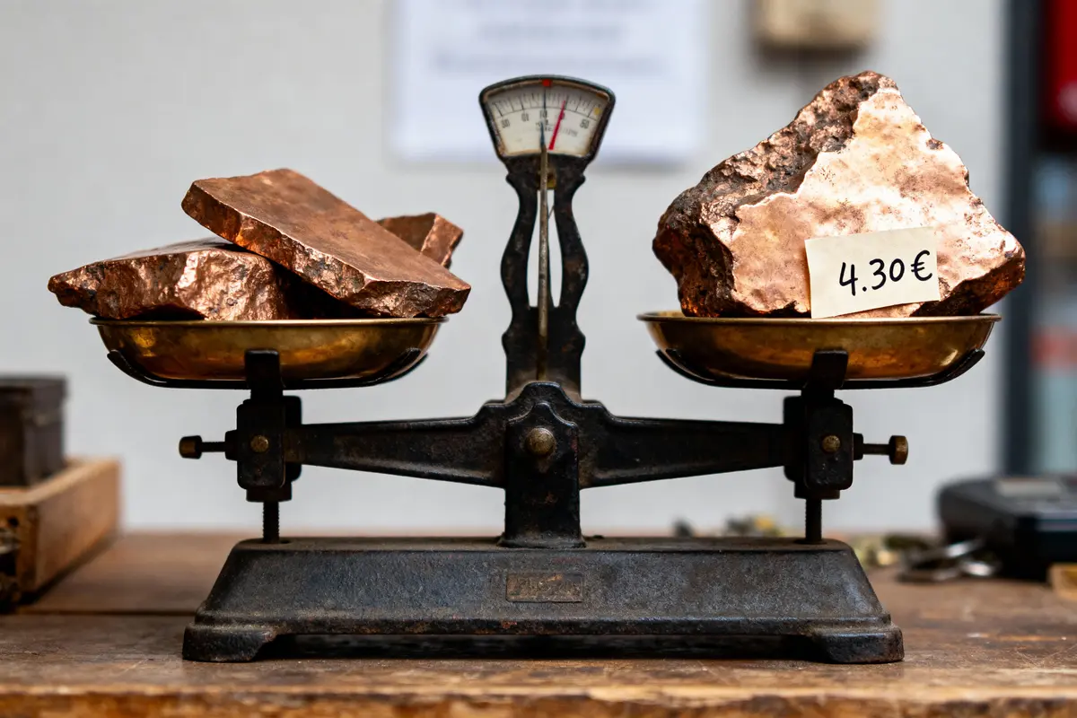 Balance vintage avec morceaux de cuivre, étiqueté 4,30 €, sur un plateau en bois.