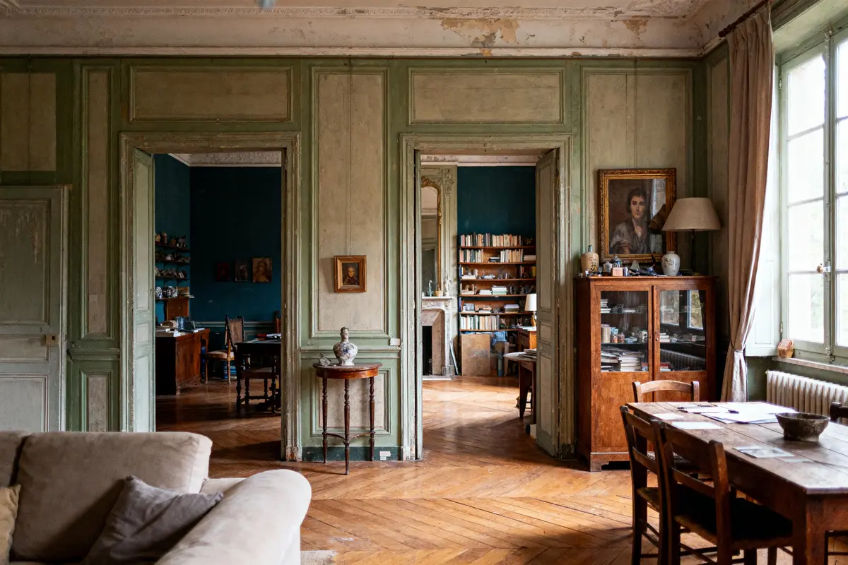 Intérieur de style classique avec parquet en bois, salle de séjour, bibliothèque et tableaux anciens sur les murs.