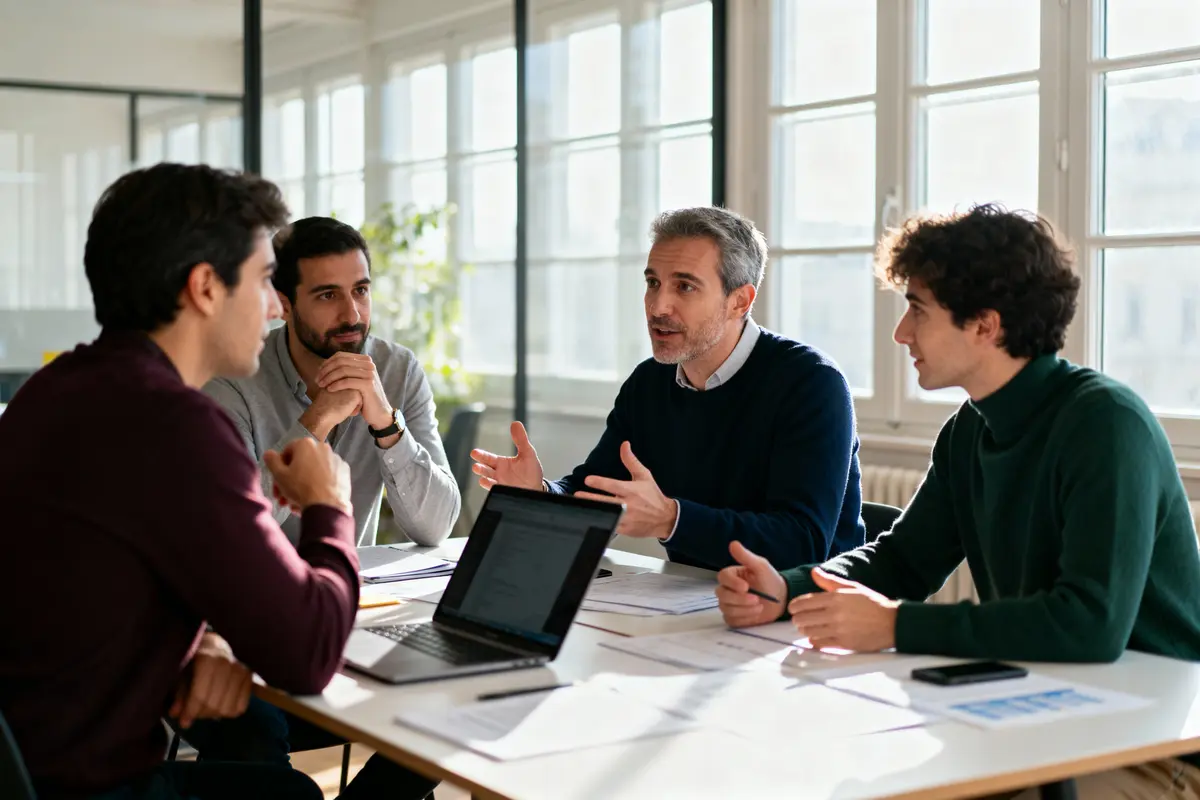 Quatre hommes discutant autour d'une table avec ordinateur portable et documents, éclairés par une grande fenêtre.