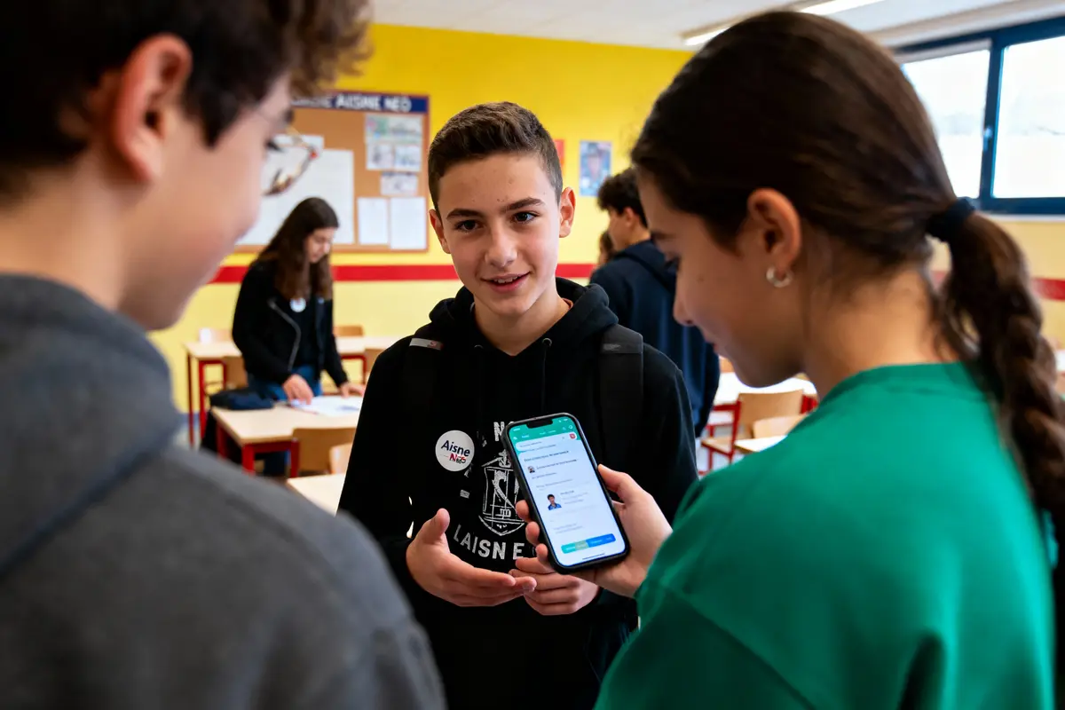 pexels-michal-pech-213601-757318 (1) Trois élèves discutant dans une salle de classe, consultant un smartphone portant une application ouverte.