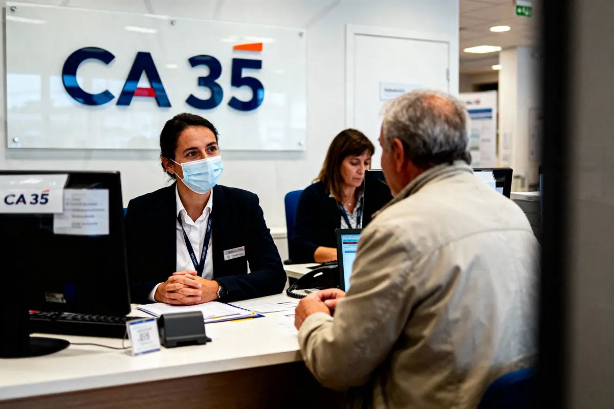 pexels-michal-pech-213601-757318 (1) Une employée de banque masque-discute avec un client au guichet. Affiche CA 35 en arrière-plan.