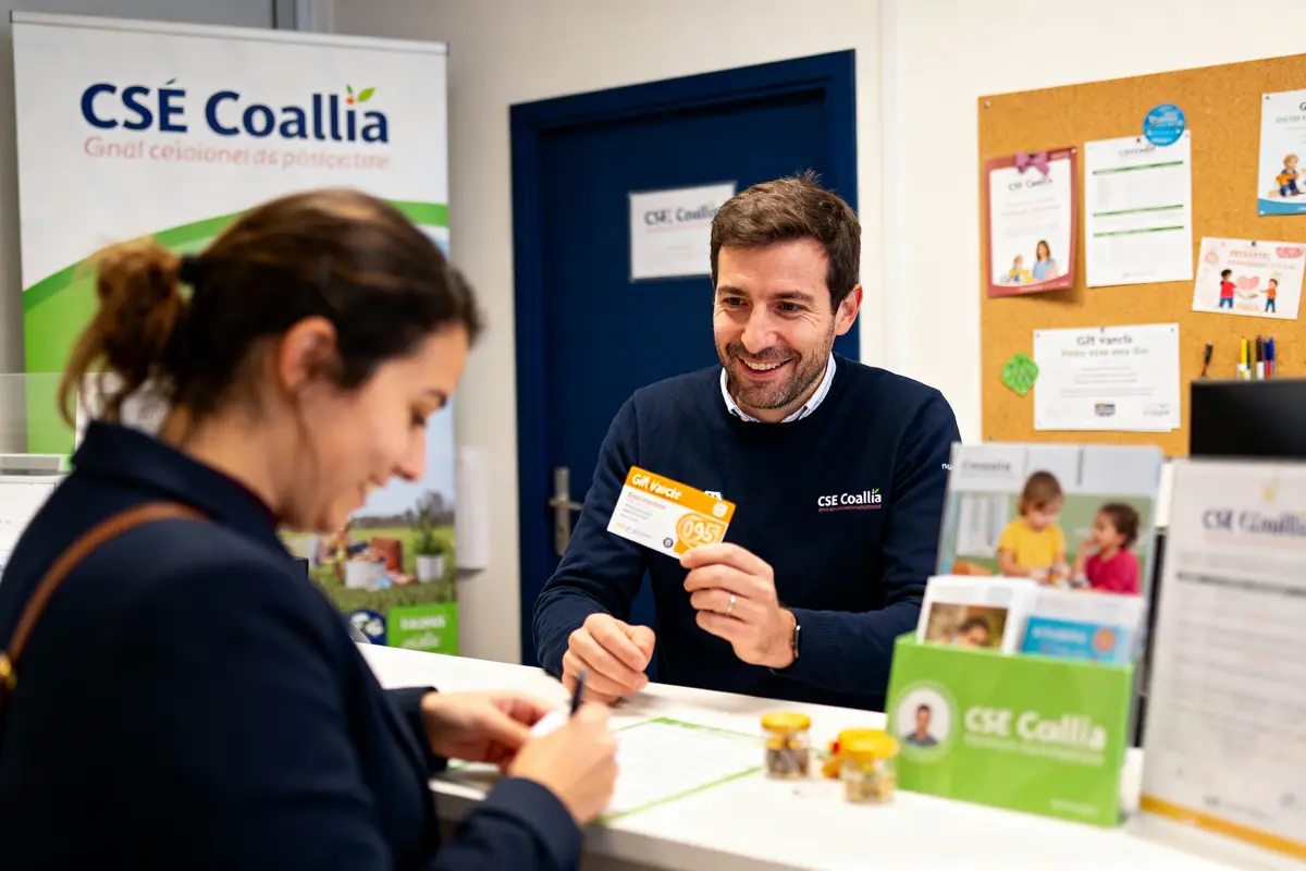 Personne souriante échangeant avec femme à un comptoir CSE Coallia, documents et affichettes autour.