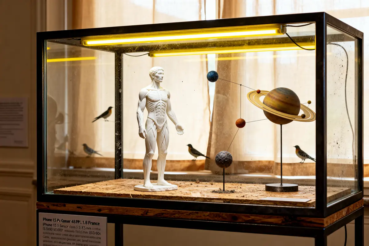 Vitrine avec silhouette humaine, modèles planétaires et oiseaux posés sur du sable, éclairée par des lampes fluorescentes.