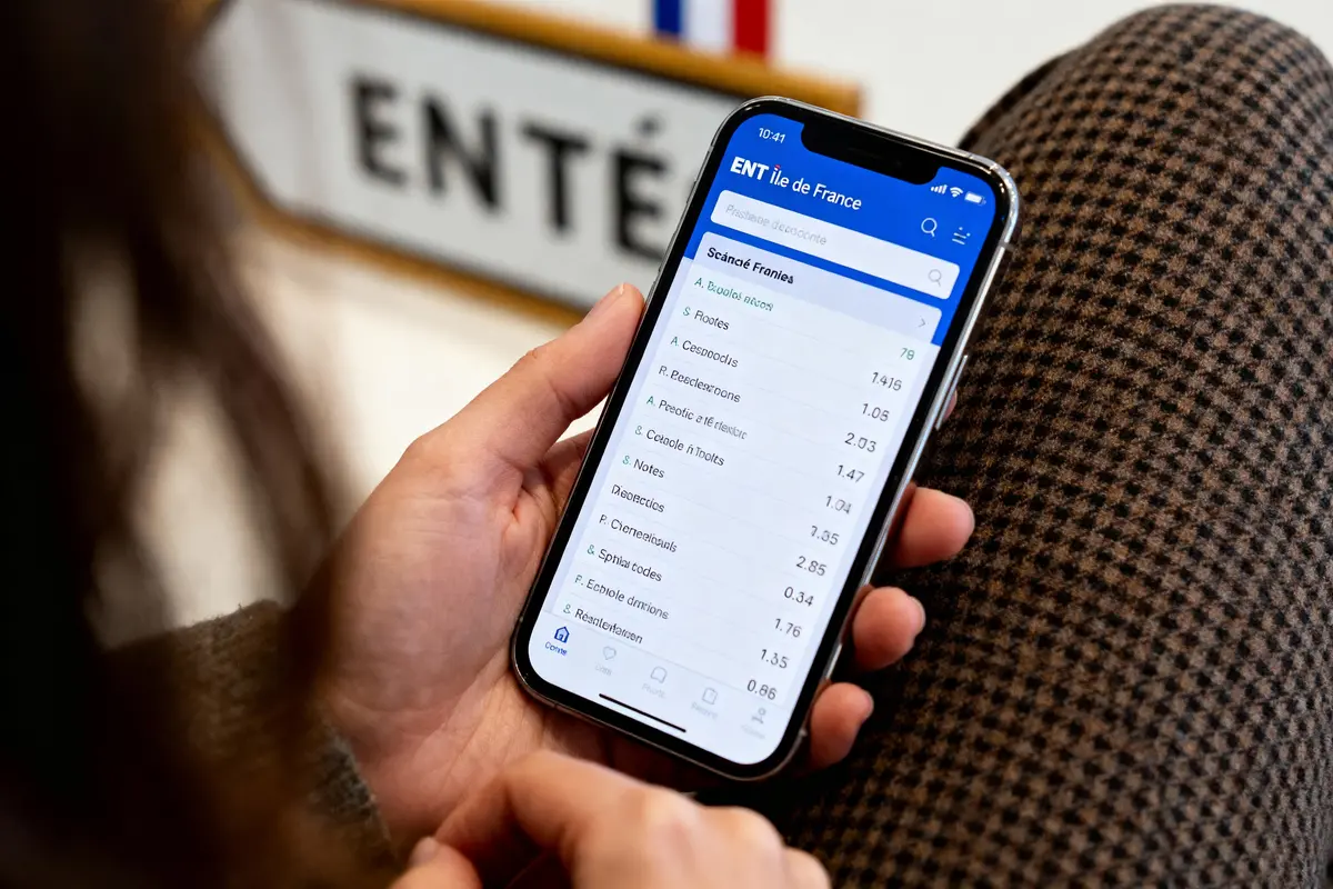 pexels-michal-pech-213601-757318 (1) Personne utilisant une application éducative "ENT Île-de-France" sur smartphone, affichant diverses matières et notes.