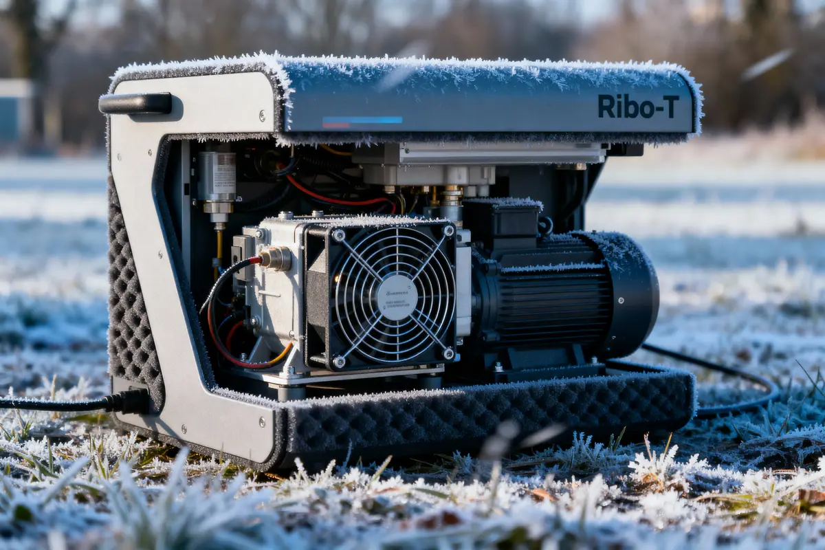 Générateur Ribo-T givré dans un champ enneigé, avec moteur visible et câble d'alimentation.