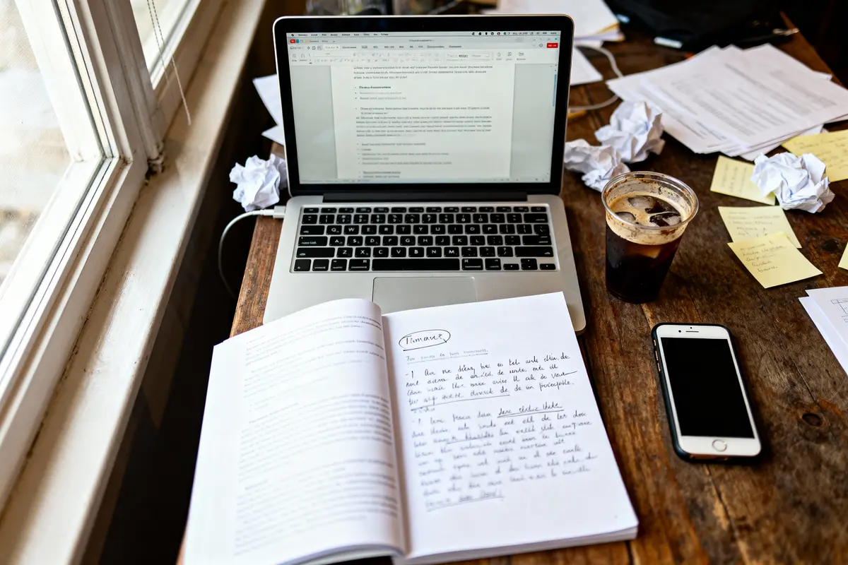 Ordinateur portable, carnet, café glacé et smartphone sur table en bois près de fenêtre. Documents éparpillés.