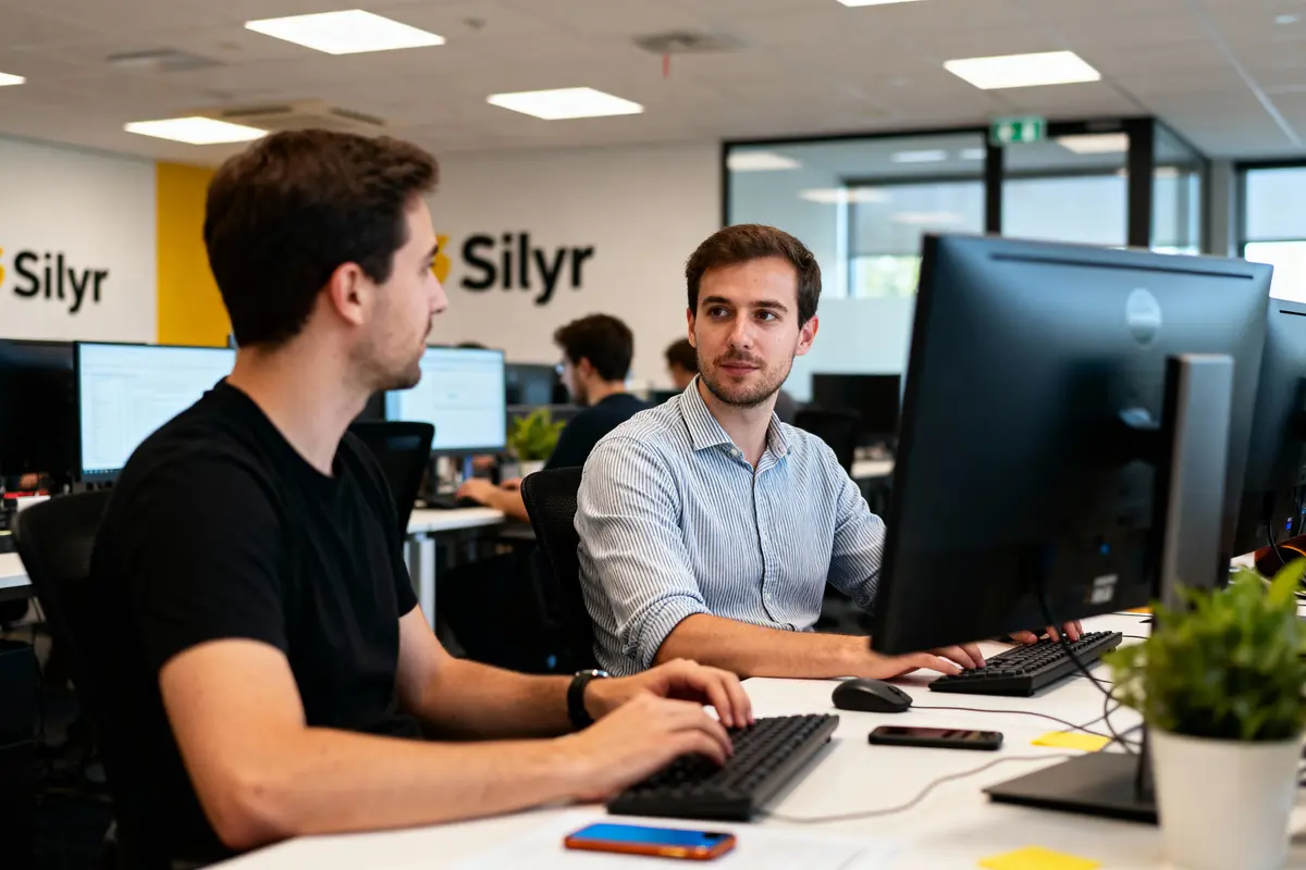 pexels-michal-pech-213601-757318 (1) Deux hommes discutent devant des ordinateurs dans un bureau moderne avec plusieurs écrans et plantes.
