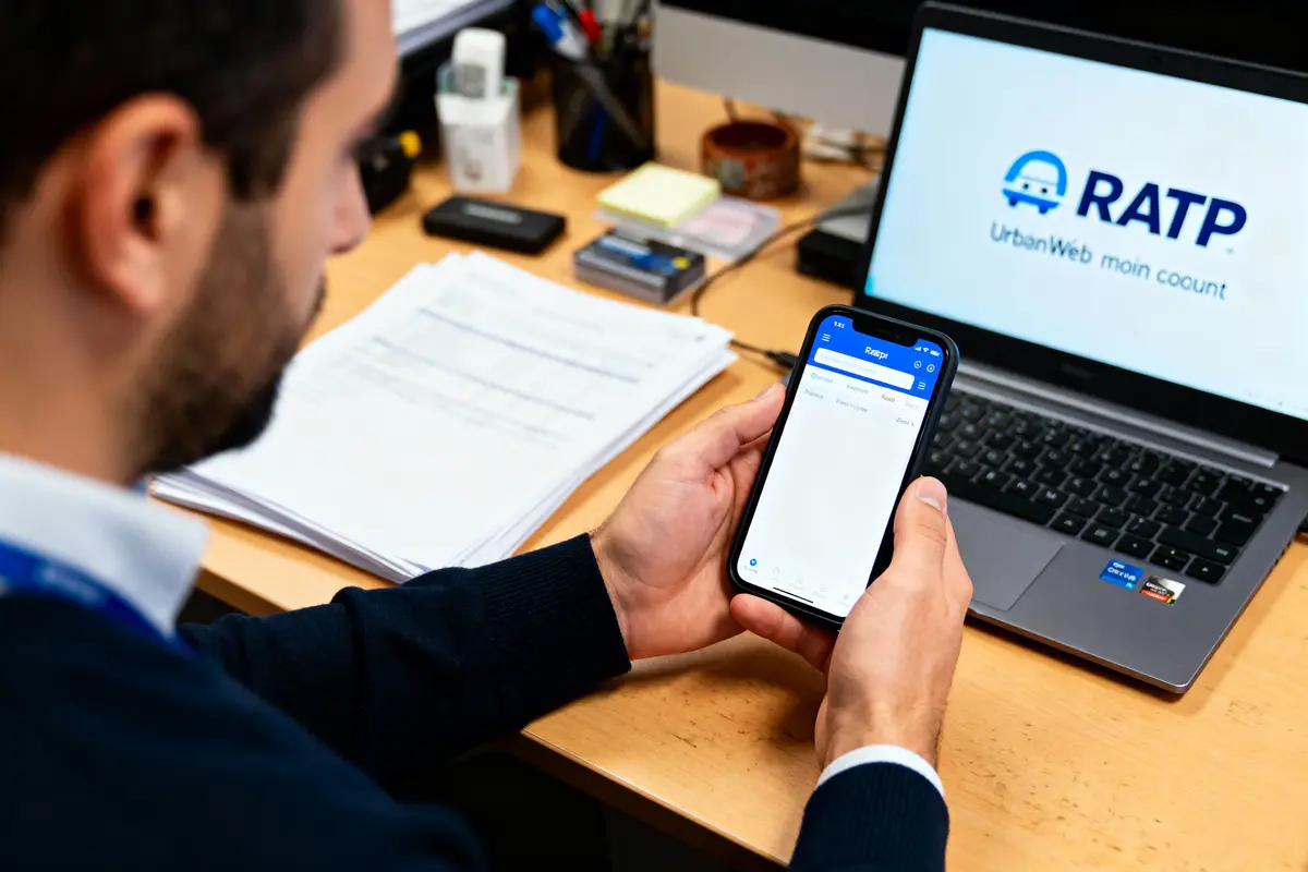 Homme à un bureau utilisant un smartphone, ordinateur portable affichant le logo RATP en arrière-plan.