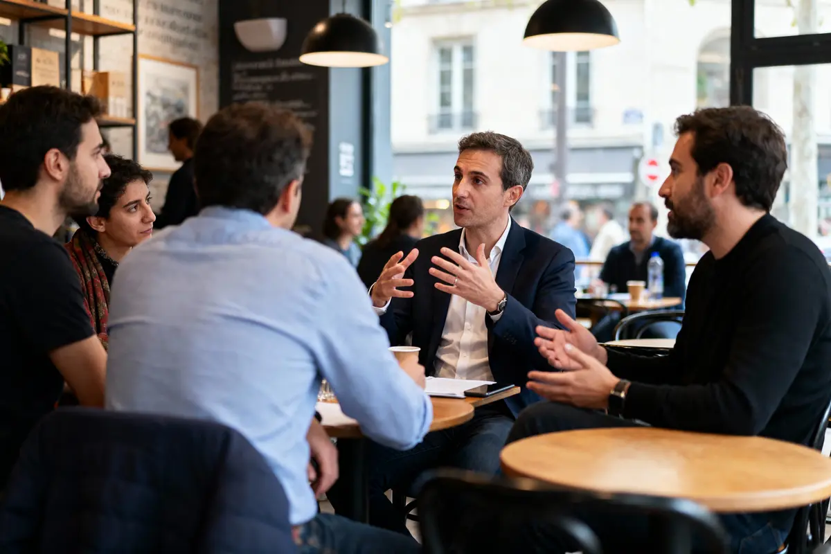 pexels-michal-pech-213601-757318 (1) Cinq personnes discutent autour d'une table dans un café, ambiance décontractée, lumière naturelle, intérieur moderne.