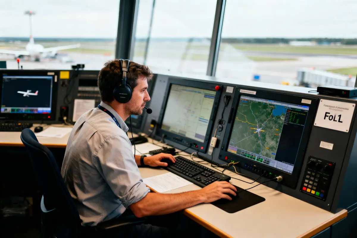 Contrôleur aérien utilisant des écrans pour surveiller le trafic aérien à la tour de contrôle d'un aéroport.