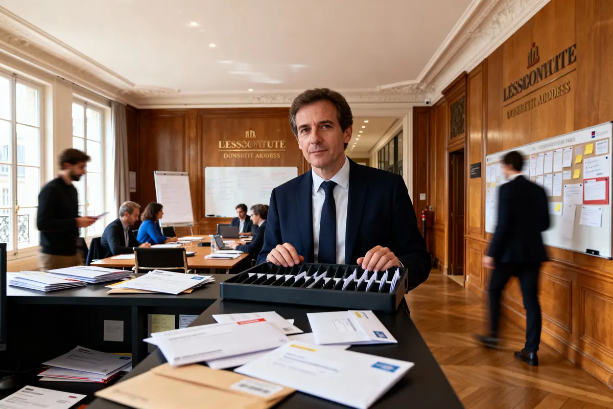 Homme en costume dans un bureau avec table de conférence, lettres, employés travaillant, tableau avec notes.