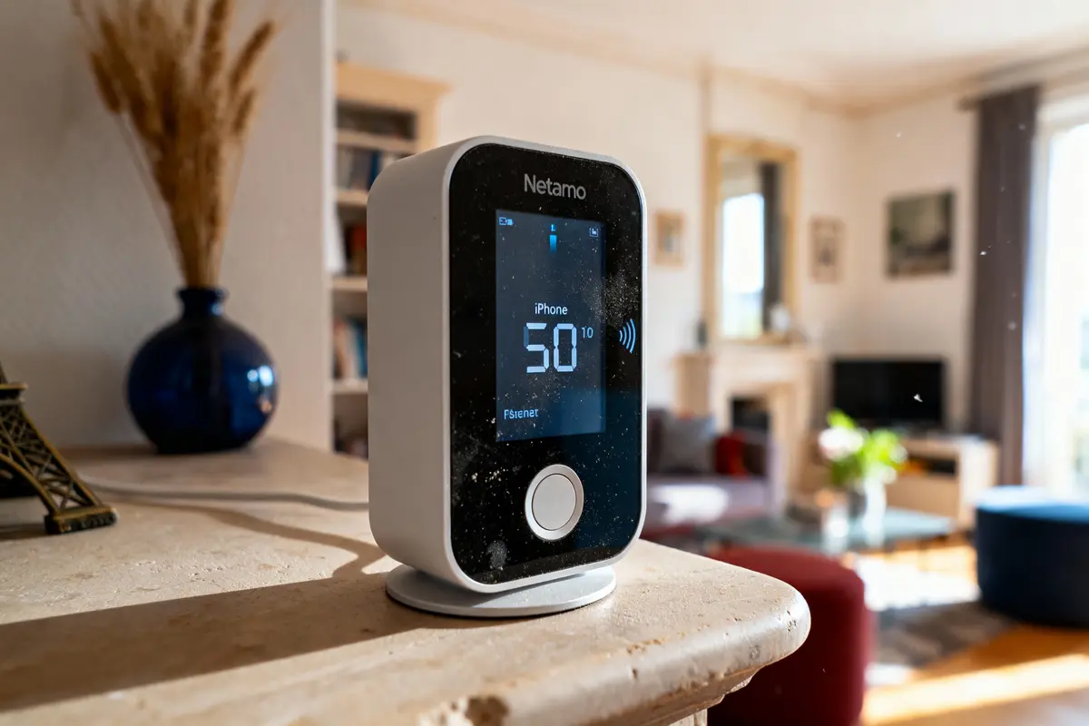 Appareil connecté Netatmo exposé sur table dans un salon lumineux et décoré, affiche connexion iPhone à 50%.