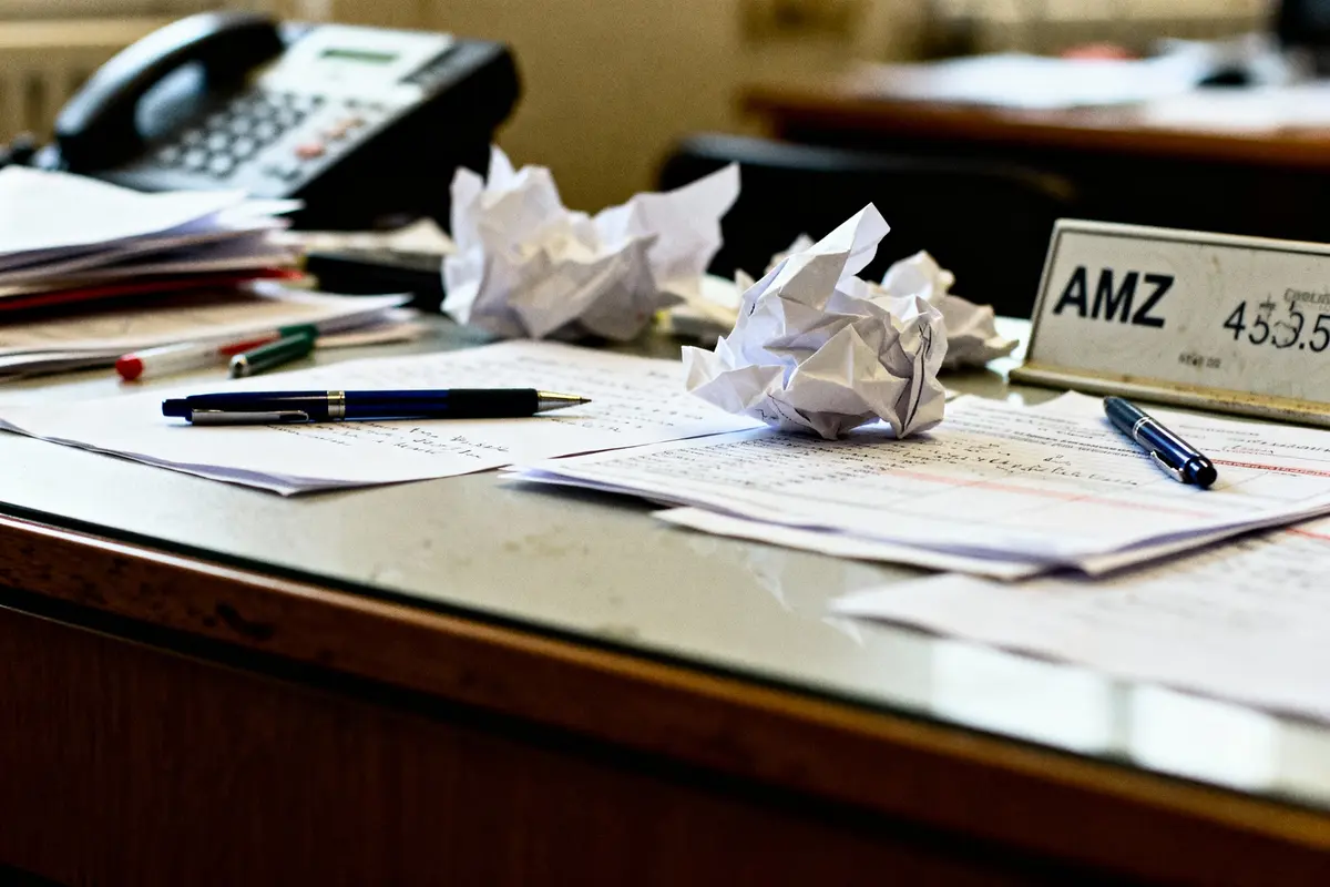 pexels-michal-pech-213601-757318 (1) Bureau encombré avec papiers froissés, stylos, téléphone et plaque AMZ sur le côté.