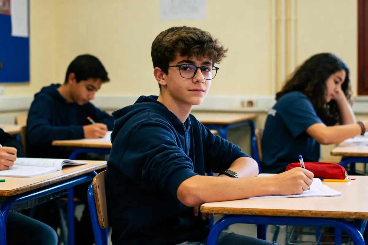 Un étudiant assis en classe écrit dans un cahier, entouré d'autres élèves concentrés.