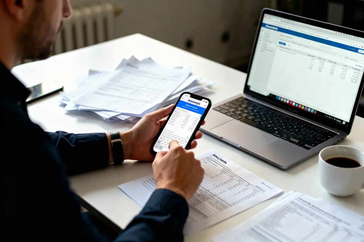pexels-michal-pech-213601-757318 (1) Personne utilisant smartphone et ordinateur pour gérer des comptes financiers, papiers éparpillés et tasse de café.