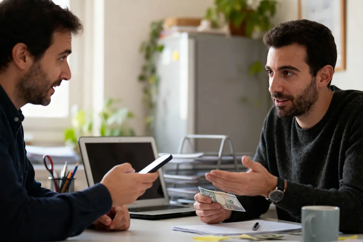 Deux hommes discutent argent, téléphone à la main, bureau avec ordinateur portable et plantes en arrière-plan.
