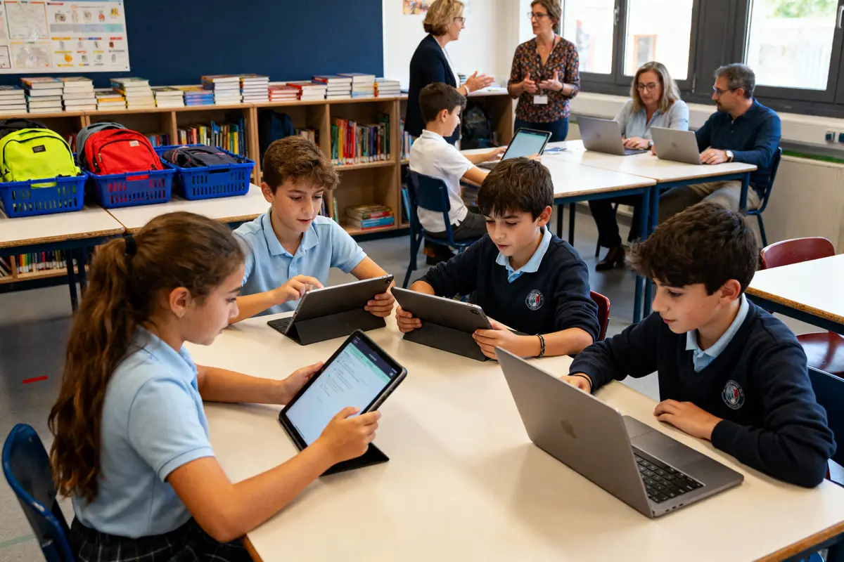 pexels-michal-pech-213601-757318 (1) Élèves en uniforme utilisant tablettes et ordinateurs portables, enseignants discutent en arrière-plan dans une salle de classe.