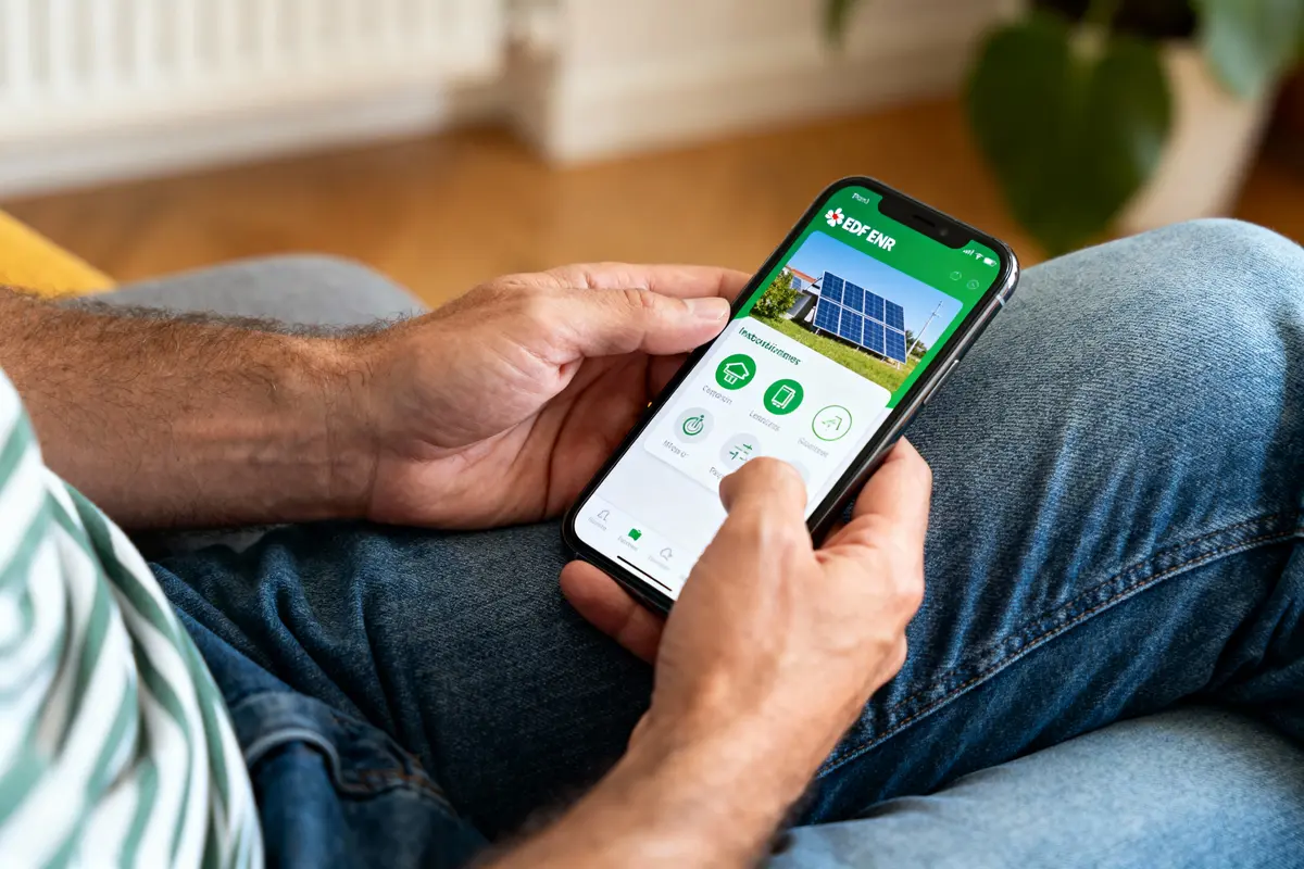 Personne utilisant une application de gestion d'énergie solaire sur smartphone, écran affichant panneaux solaires.