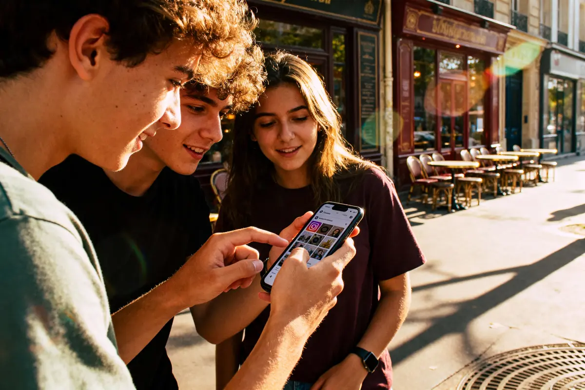 Trois jeunes regardent un smartphone ensemble devant un café ensoleillé, discutant et souriant.