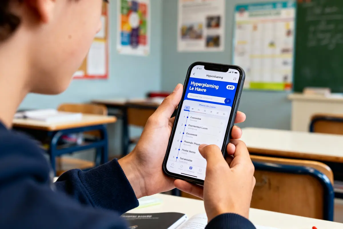 Élève utilisant une application d'emploi du temps sur smartphone dans une salle de classe avec des bureaux en arrière-plan.