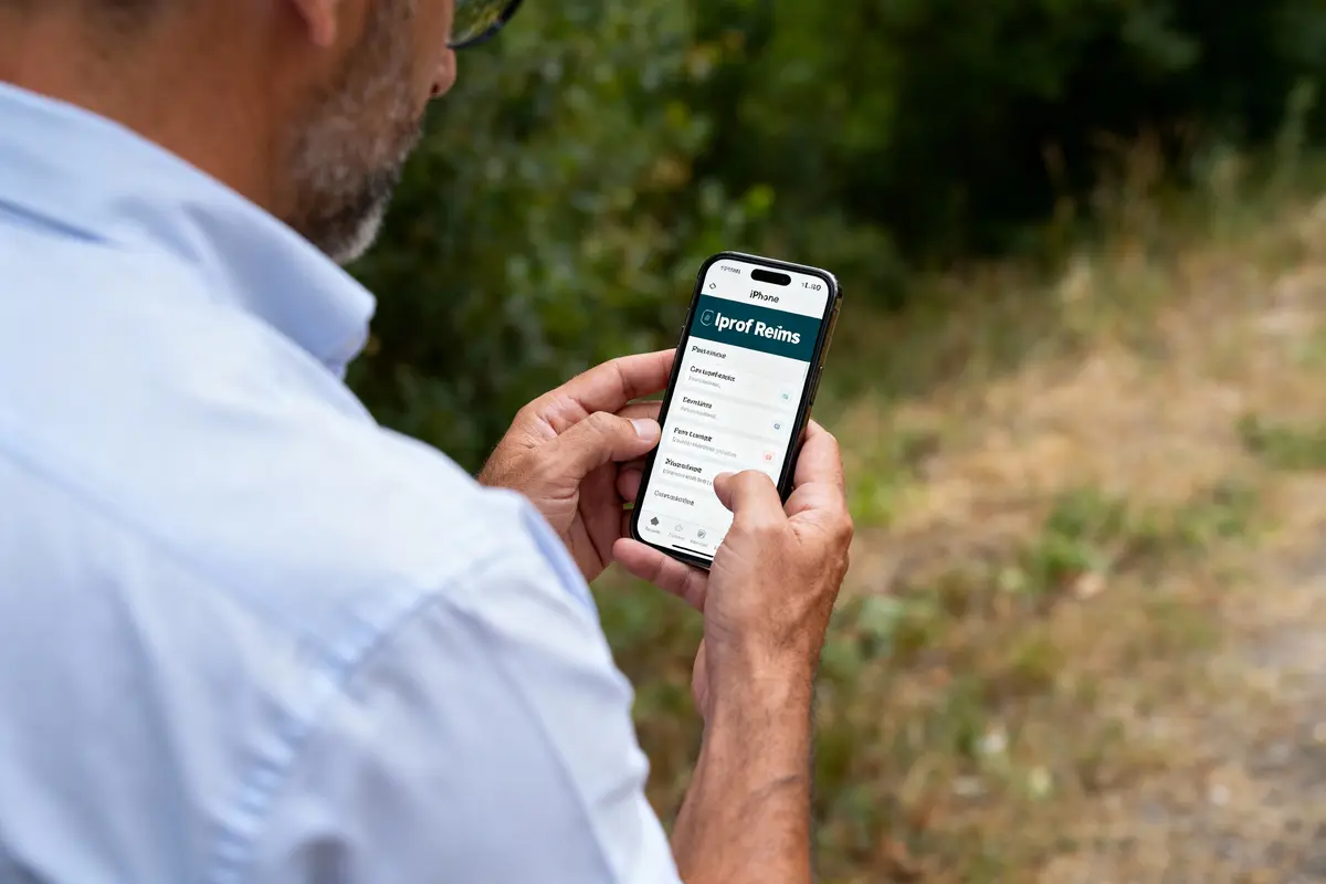 pexels-michal-pech-213601-757318 (1) Un homme utilise un smartphone avec l'application "iProf Reims" en extérieur, vêtu d'une chemise bleue.