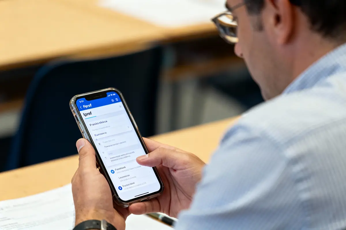 pexels-michal-pech-213601-757318 (1) Homme utilisant un smartphone, consultant l'application "iProf" dans une salle de classe, feuilles sur la table.