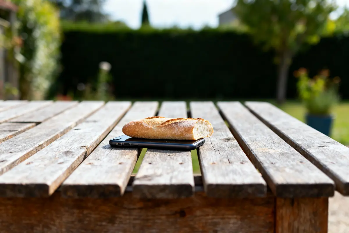 pexels-michal-pech-213601-757318 (1) Un morceau de baguette posé sur un smartphone, sur une table en bois extérieure.