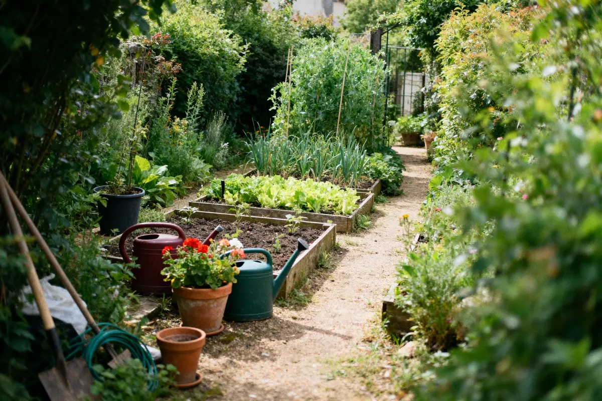 pexels-michal-pech-213601-757318 (1) Potager verdoyant avec légumes en carrés, arrosoirs, pots de fleurs. Sentier en terre entouré de plantes.