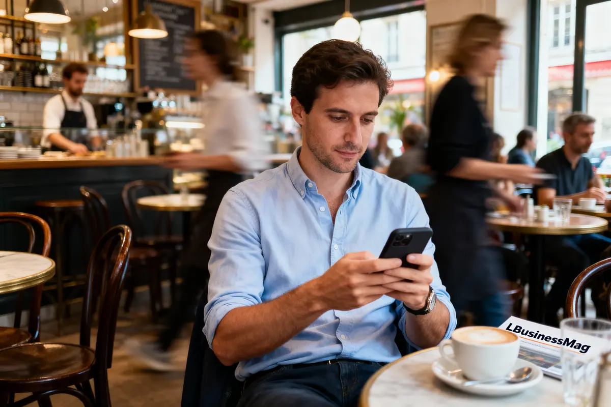 pexels-michal-pech-213601-757318 (1) Homme dans un café, utilise son téléphone, entouré de personnes et serveurs en mouvement.