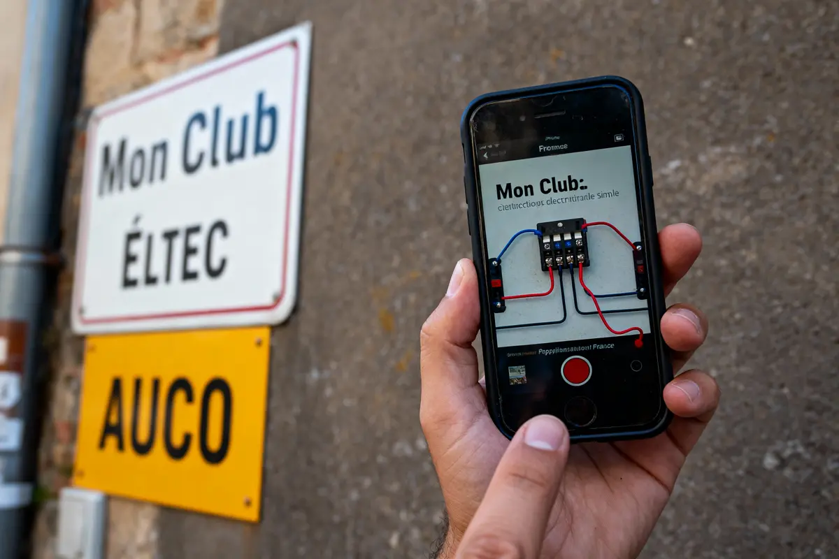 Personne tenant un smartphone affichant un circuit électrique devant des panneaux "Mon Club" et "AUCO".