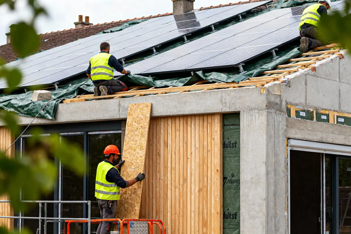 Travailleurs installant panneaux solaires sur toit, construction en bois et béton, portant équipements de sécurité.
