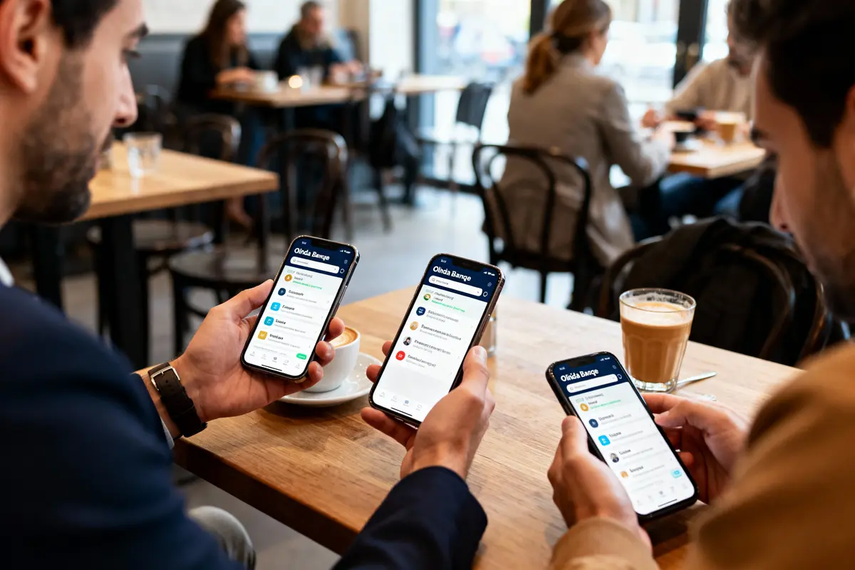 Trois personnes utilisant des smartphones avec une application bancaire dans un café, boissons sur table.