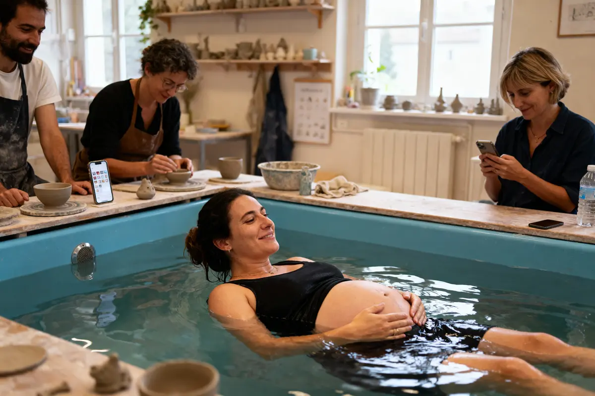 Femme enceinte relaxant dans l'eau, entourée de personnes, dans un atelier de poterie lumineux.