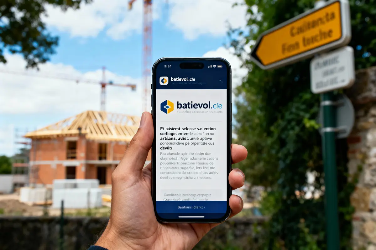 Personne tenant un smartphone affichant un site de construction, avec un chantier et une grue en arrière-plan.