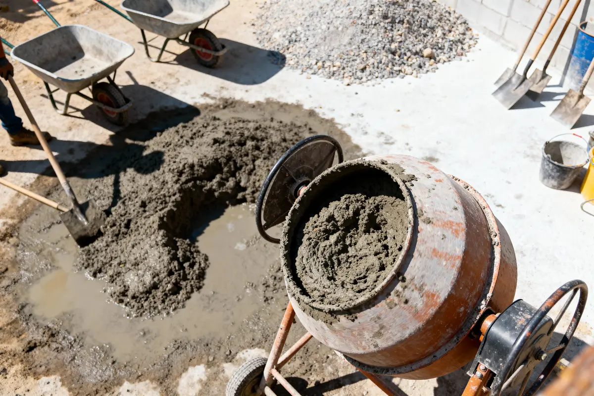 Bétonnière en action avec béton mélangé, pelles, brouettes et gravier sur sol en chantier.