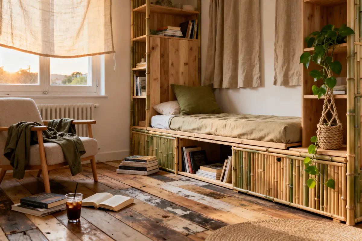 Chambre chaleureuse avec lit en bois, étagères, fauteuil, livres, plante suspendue et lumière naturelle du matin.