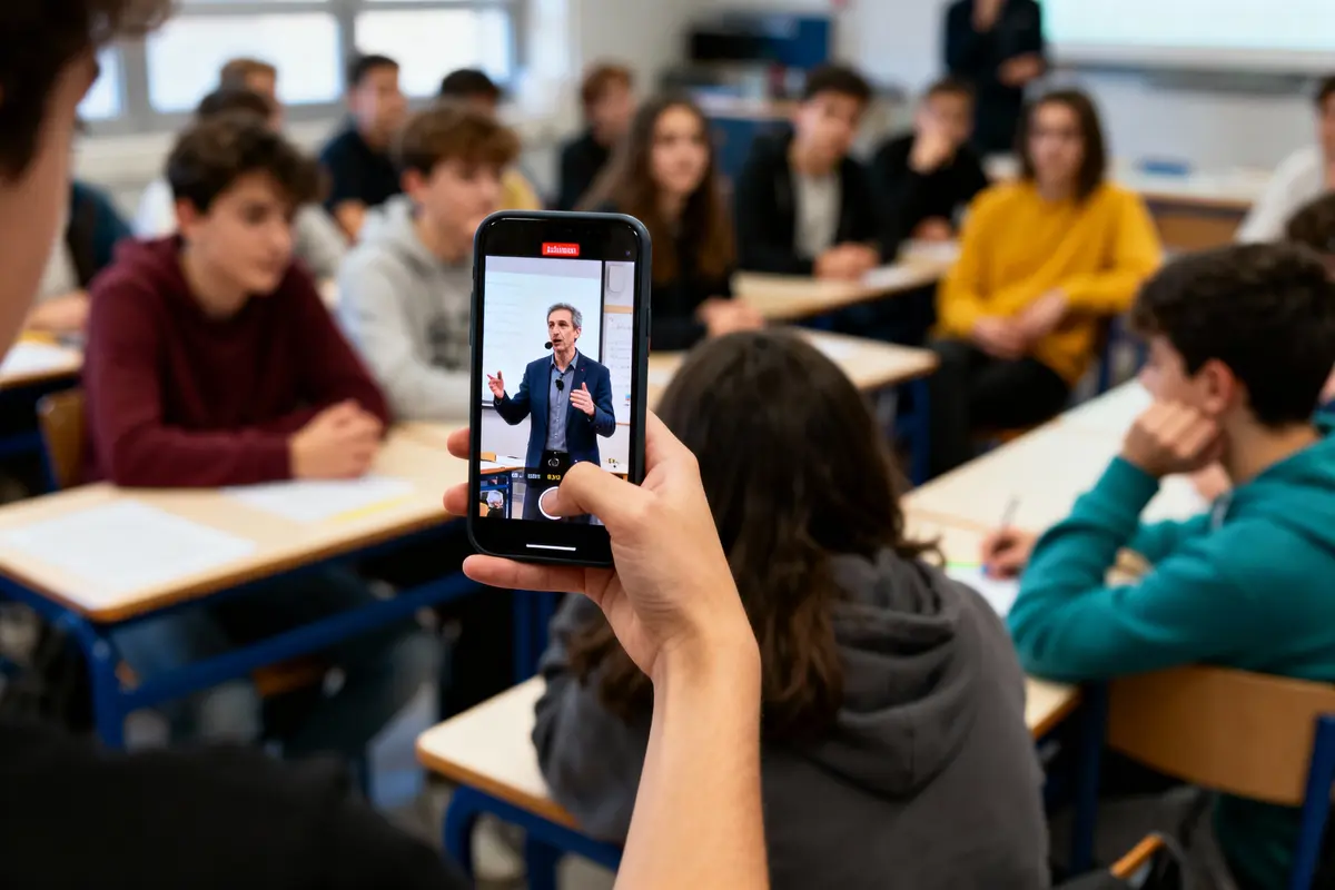 Un élève filme un professeur avec un smartphone lors d'un cours en classe.