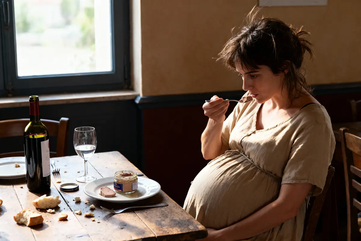 Femme enceinte mange, assise à table avec du pain, pâté, verre de vin et lumière naturelle.
