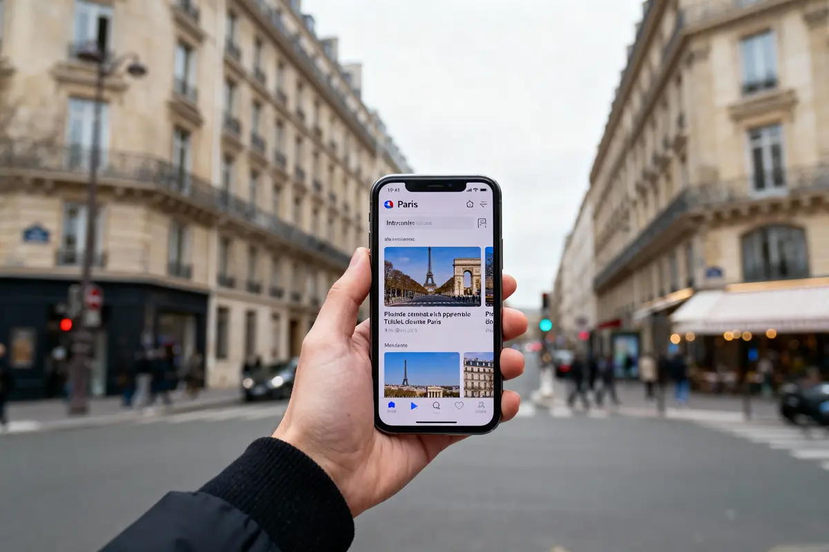 Personne tenant un smartphone affichant des images de Paris, avec bâtiments parisiens en arrière-plan.