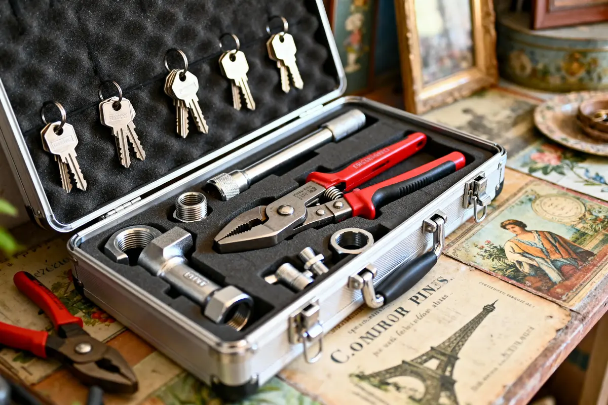 Boîte à outils ouverte avec clés et outils variés sur table décorée d'images rétro et cadre photo.