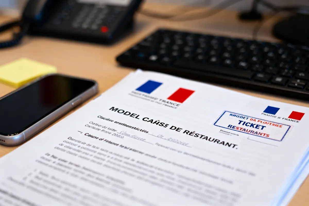 Document "Ticket Restaurants" français sur bureau avec téléphone, clavier et post-it jaunes en arrière-plan.