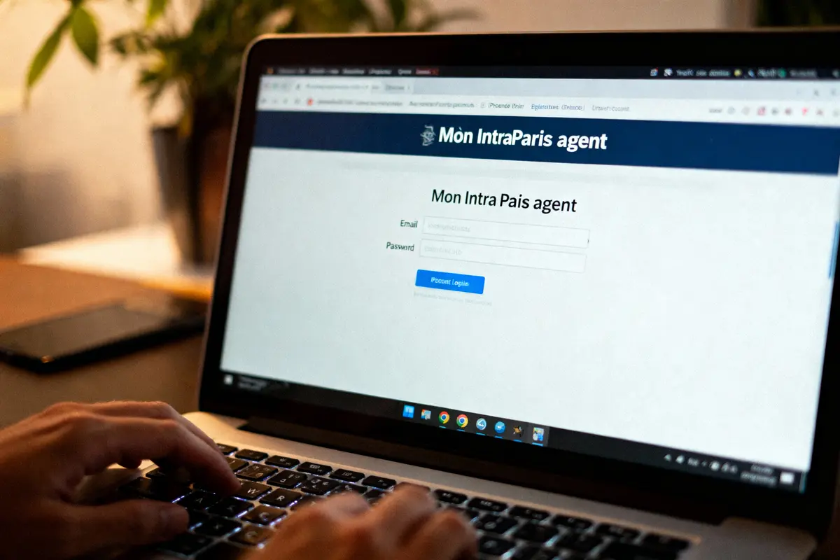 Personne utilisant un ordinateur portable pour accéder au portail "Mon Intra Paris agent", écran de connexion visible.