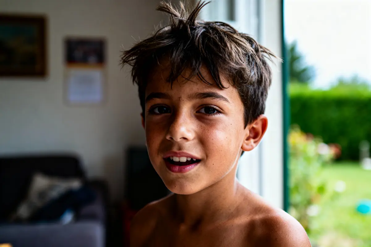 pexels-michal-pech-213601-757318 (1) Jeune garçon souriant, cheveux ébouriffés, intérieur domestique flou, jardin verdoyant en arrière-plan par la porte ouverte.