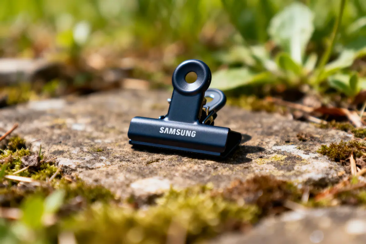 Pince noire marquée “Samsung” posée sur une pierre, herbe et mousse autour.