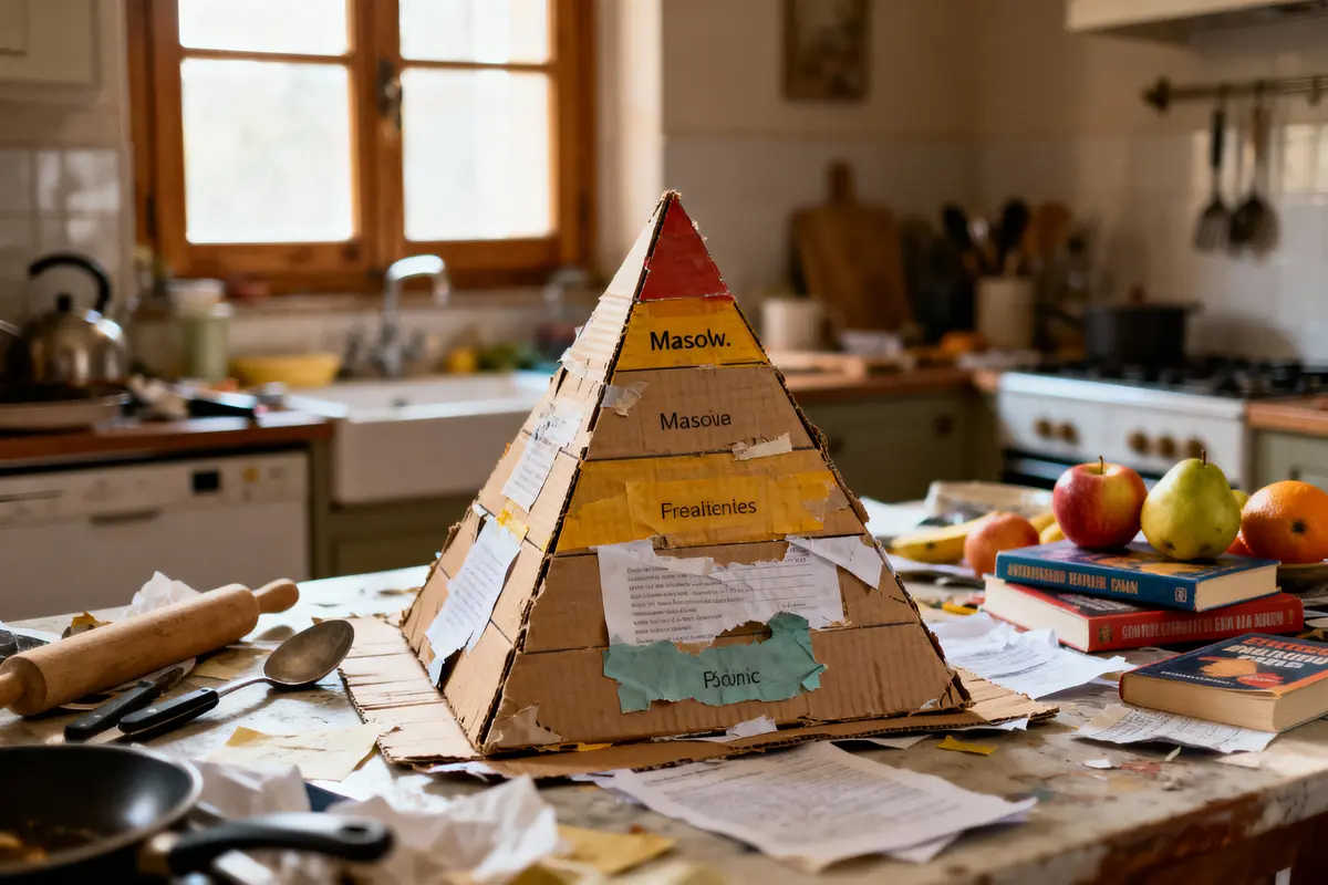 Pyramide en carton sur une table de cuisine désordonnée avec livres et fruits environnants.