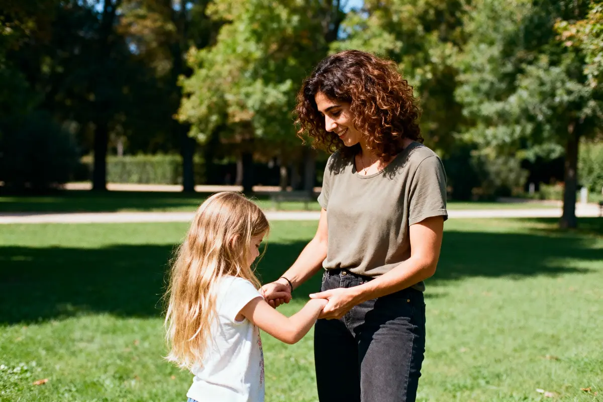 pexels-michal-pech-213601-757318 (1) Une femme et une fille se tiennent les mains dans un parc verdoyant sous le soleil.