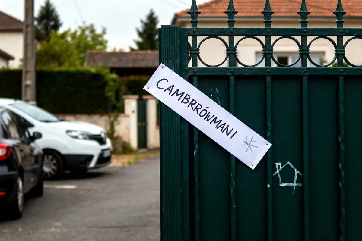 Portail vert avec un panneau "CAMBRRÓWMANI", voitures en arrière-plan dans une rue résidentielle.